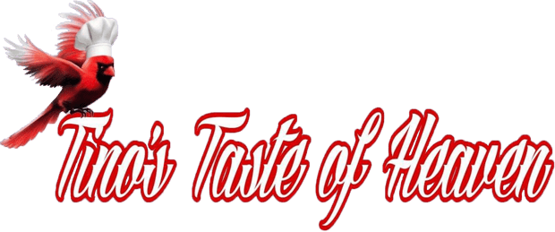 Tino's Taste of Heaven logo, a red cardinal over red script lettering